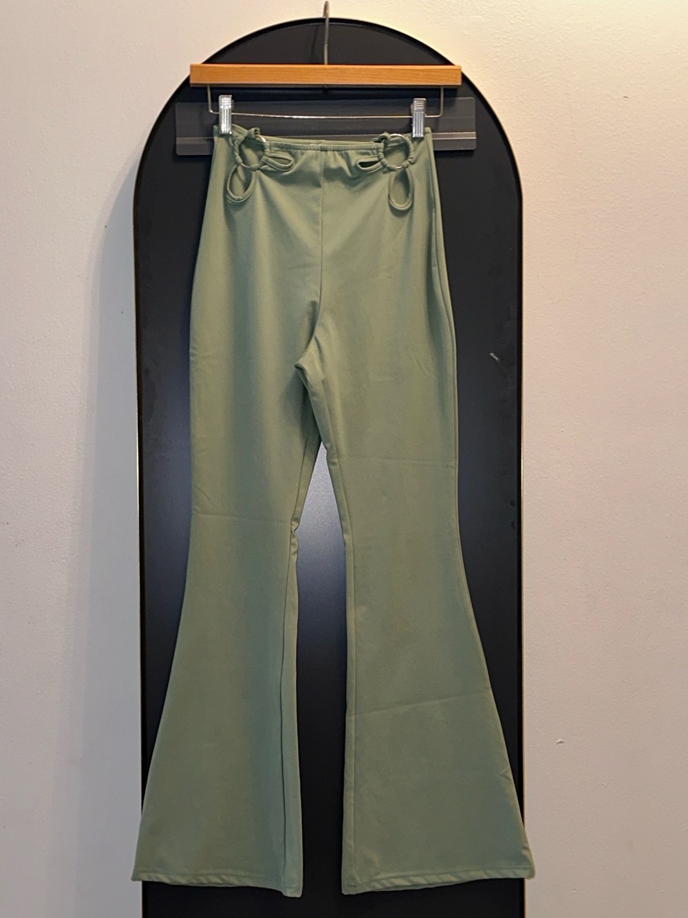Princess Polly Olive Sage Flare Tie-Waist Pants